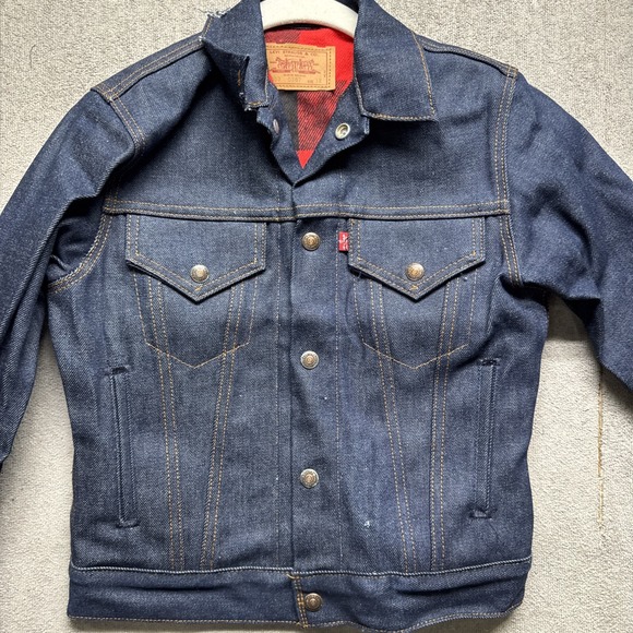 Levi's Youth Denim Trucker Jacket Blue Red Plaid‎ Lined USA Made Size 12 Vintage